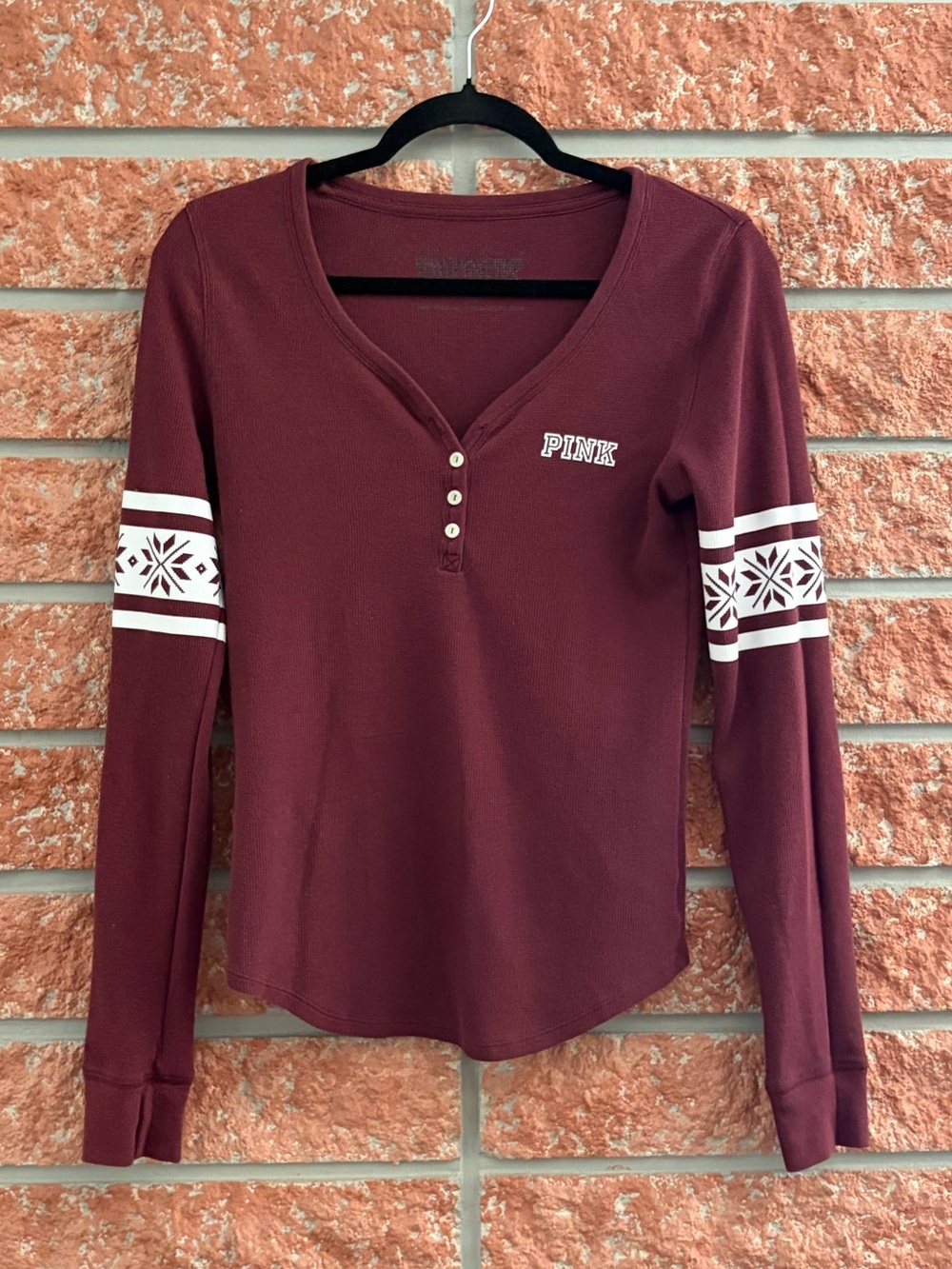 🌟 PINK Victoria's Secret Maroon Long-Sleeve with white snow flake design